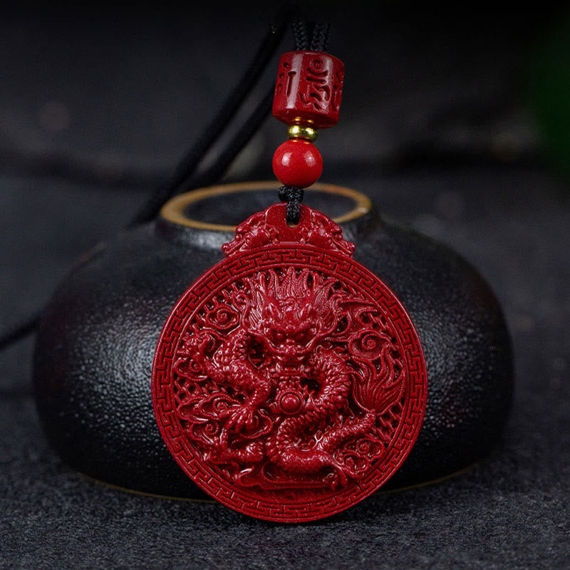 Kette Zinnober Drachen Anhänger rot geschnitzt traditionell asiatisch Schutz Kraft