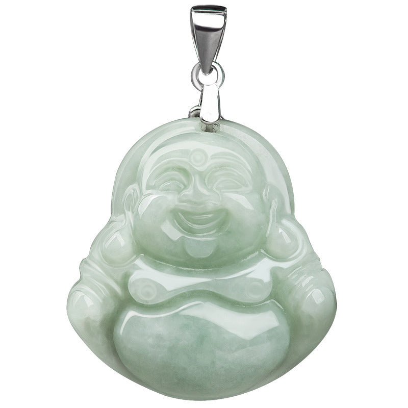 Jade Lachender Buddha Anhänger grüner Stein Silber Verschluss Heilstein.
