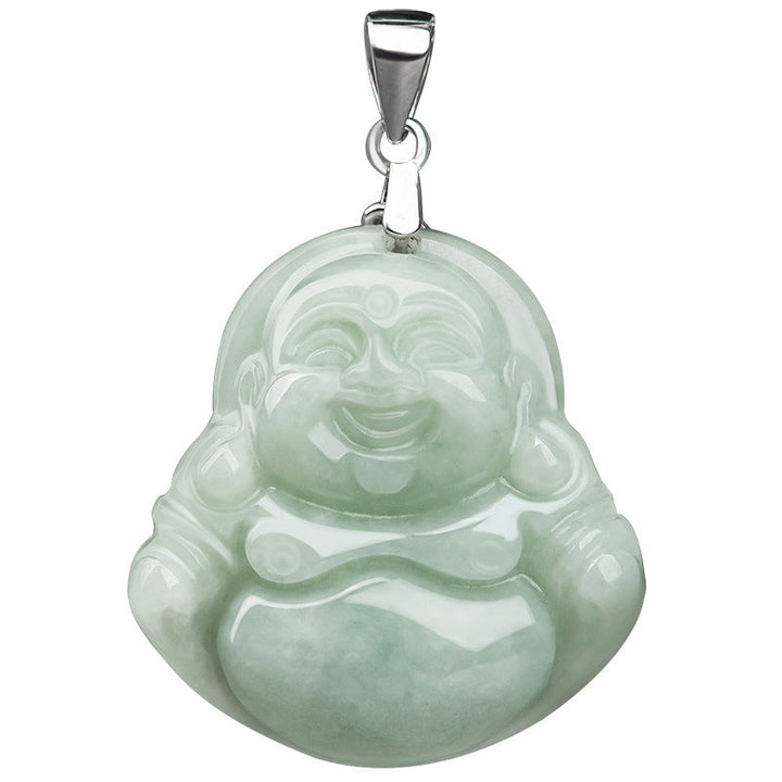Jade Lachender Buddha Anhänger grüner Stein Silber Verschluss Heilstein.