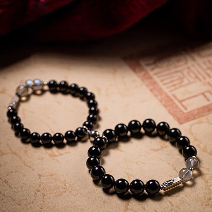 Schwarze Obsidian Armbänder Paar Mondstein 925 Silber elegant zusammen