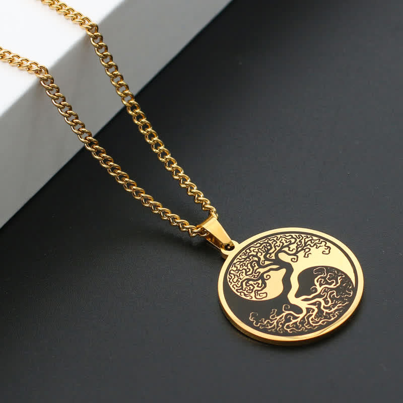 Titanstahl Lebensbaum – Bild 7 – Goldene Titanstahl Lebensbaum Halskette mit rundem Anhänger Yin Yang Design