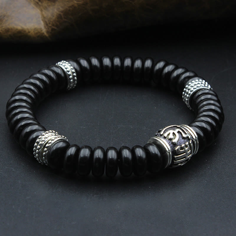Schwarzes Obsidian Armband Om Mani Padme Hum – Energie Silber verziert