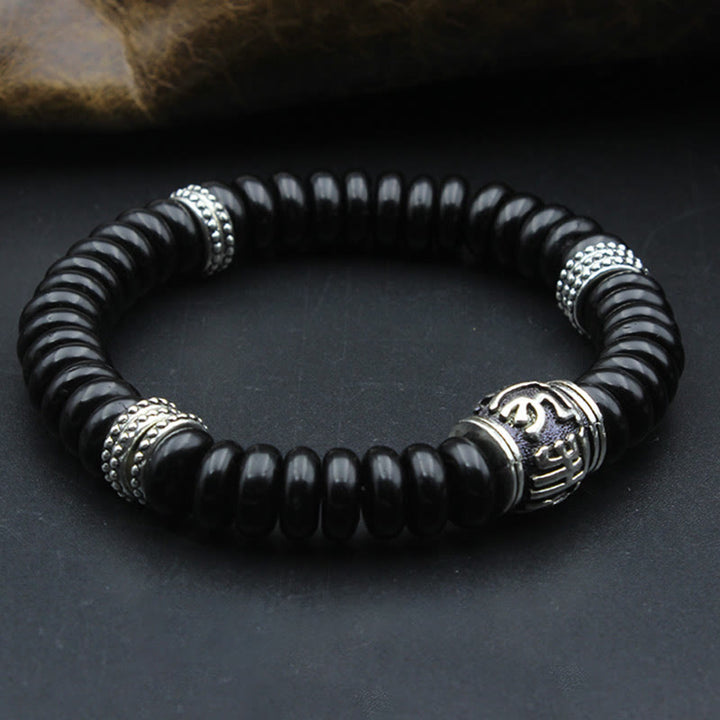 Schwarzes Obsidian Armband Om Mani Padme Hum – Energie Silber verziert