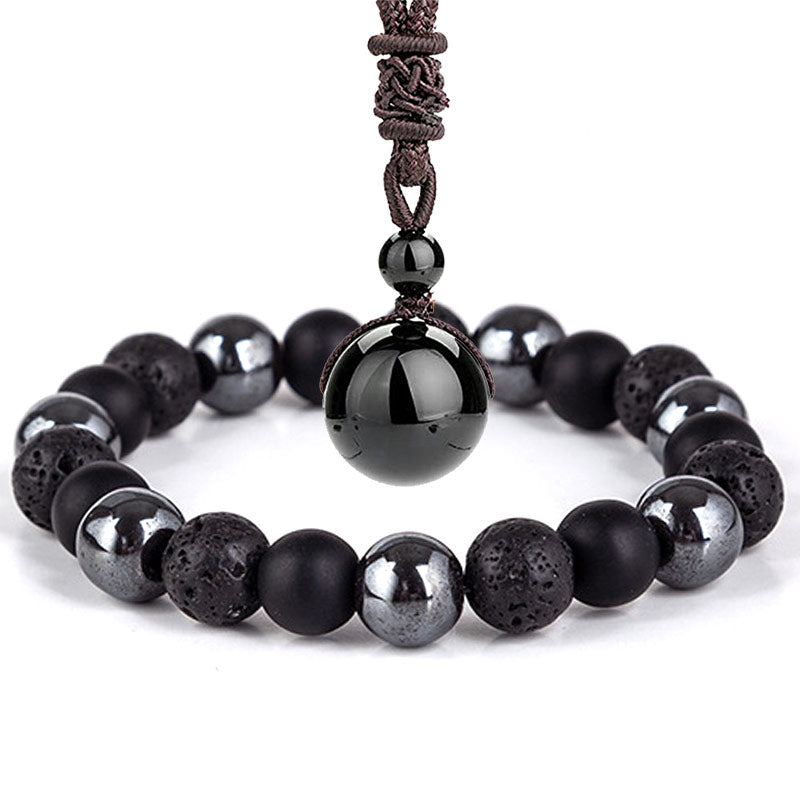 Schwarze Obsidian Perlen Armband mit Naturstein Anhänger Schmuck