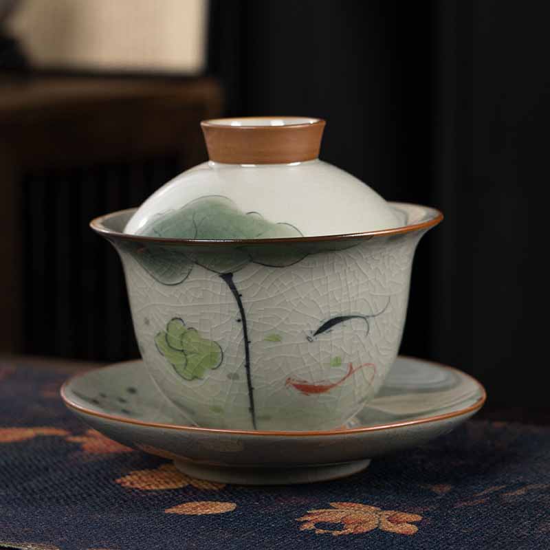 Teetasse Mit Untertasse Gaiwan Lotus Koi Doppelter Koi-Fisch Lotusblatt