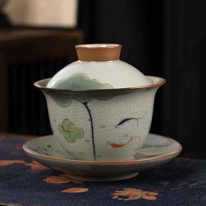 Teetasse Mit Untertasse Gaiwan Lotus Koi Doppelter Koi-Fisch Lotusblatt