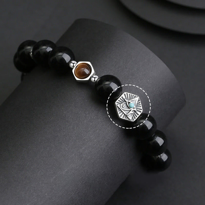 Schwarzes Obsidian Armband 925 Silber mit Katzen-Anhänger elegant.