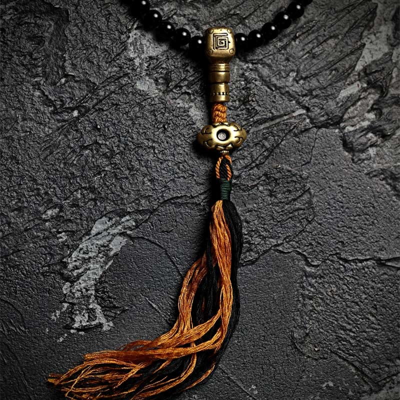 Mala Schwarzer Onyx Tigerauge Schutz Halskette Bronze Quaste Textil