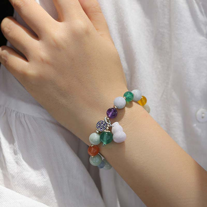 Jade Armband mit bunten Steinen und Silber Blüten Charm elastisch