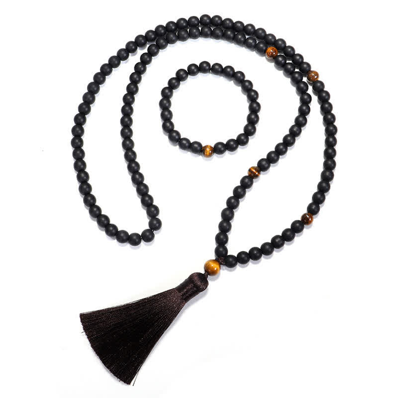 Mala 108 Perlen Tigerauge schwarze Perlen Quaste Balance Meditation