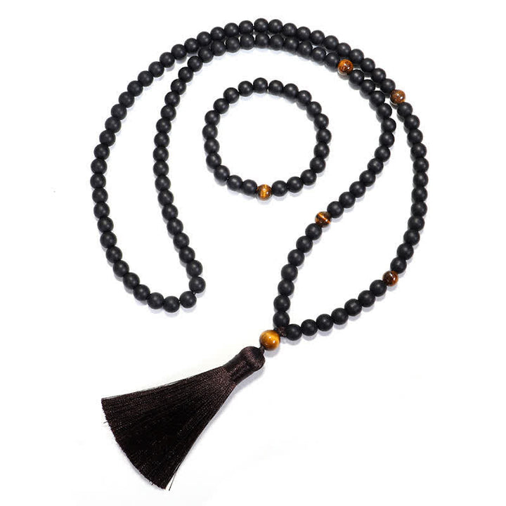 Mala 108 Perlen Tigerauge schwarze Perlen Quaste Balance Meditation