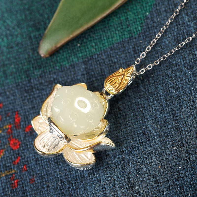 Kette Weiße Jade Lotus Glück Silber Anhänger