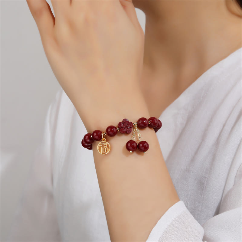 Armband Zinnober Fu-Zeichen Segen Energie rotes Perlenarmband elegant getragen