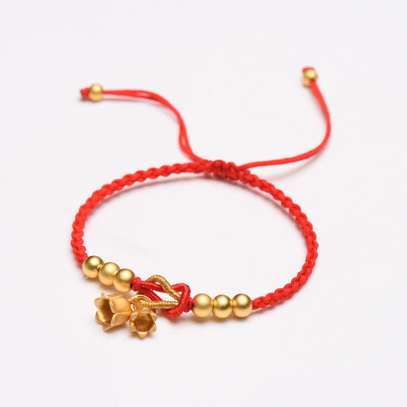 Rotes Armband – Schutz & Glück Segen, goldene Perlen Lotus Charm.