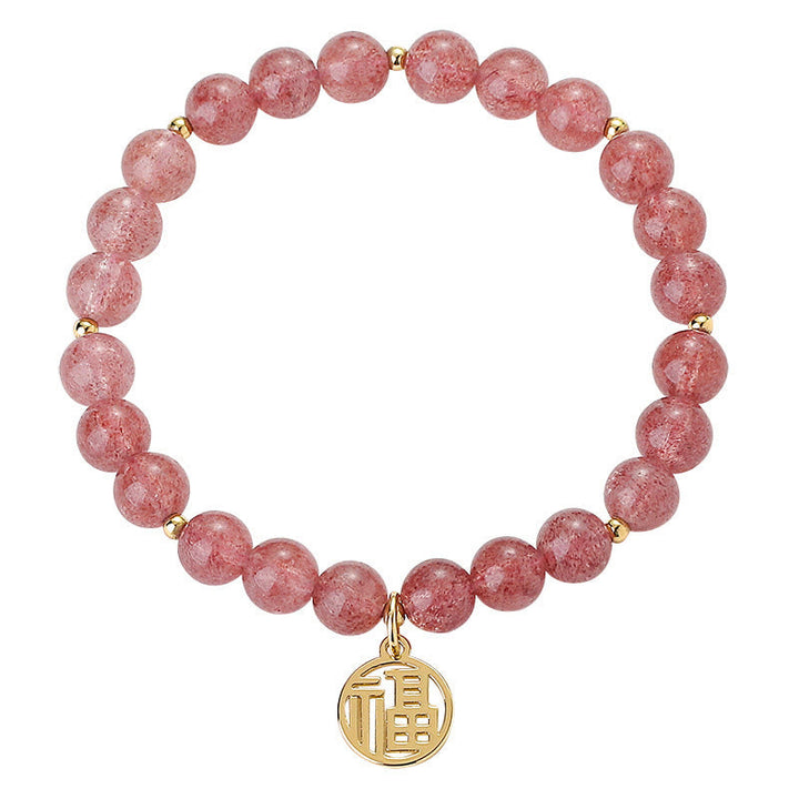 Armband Erdbeerquarz Fu-Zeichen – Heilung rosafarbene Perlen goldenes Anhänger
