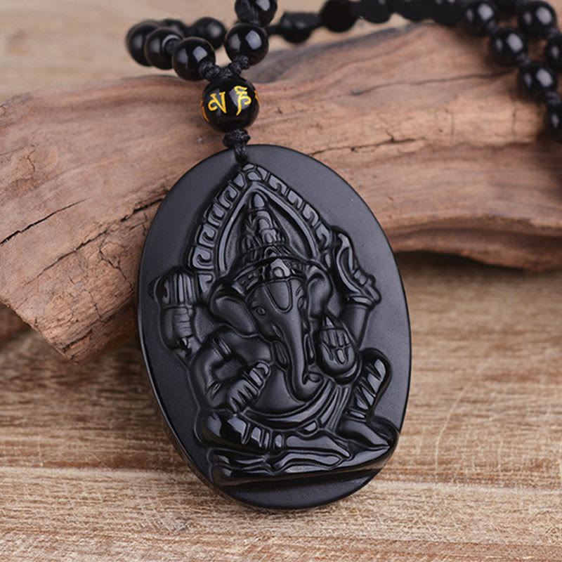 Kette Obsidian Ganesha Anhänger schwarzer Naturstein Wohlstand Segen