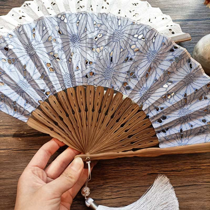 Faltfächer Blütenstickerei Baumwolle Durchbrochen Japan