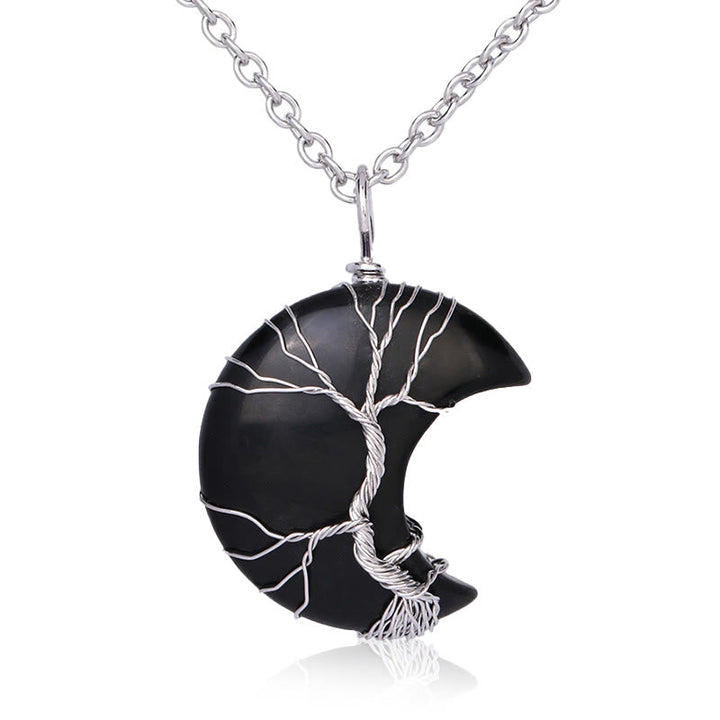 Schwarzer Obsidian Mond Lebensbaum Anhänger Silberkette Heilstein