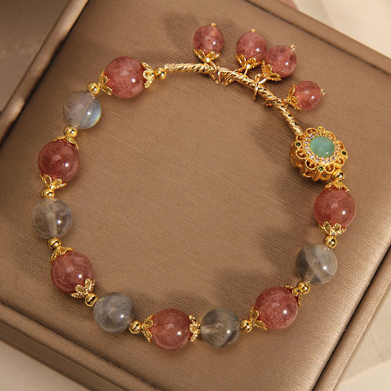 Armband Erdbeerquarz Mondstein gold vergoldet Perlen elegant Schmuck