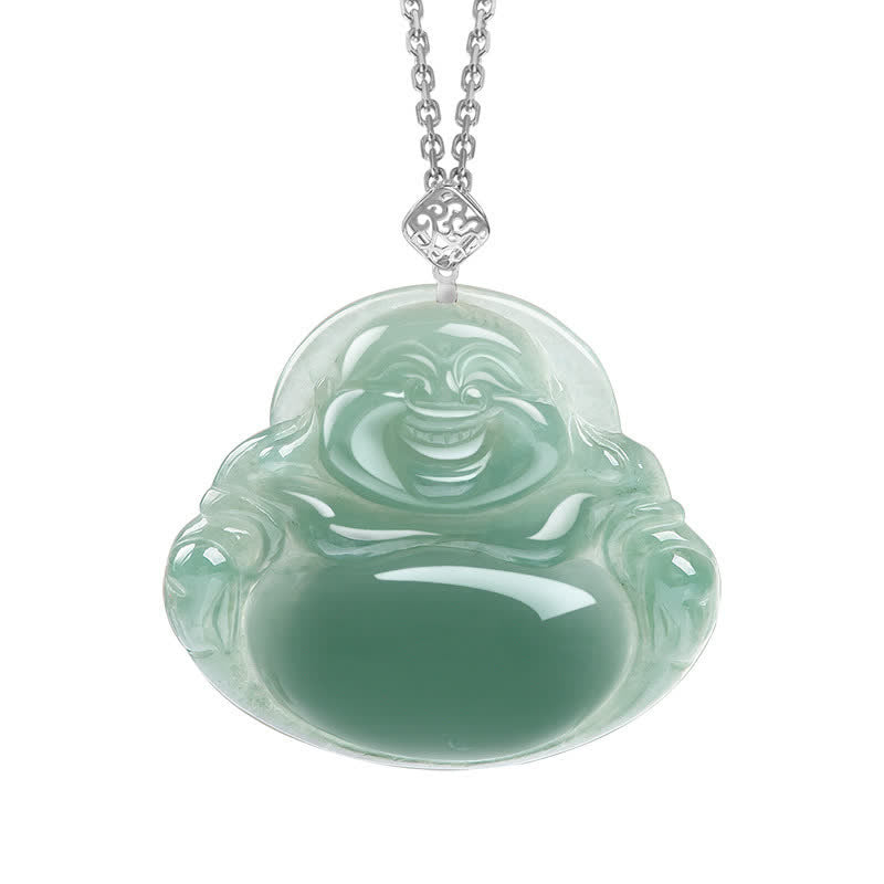 Anhänger Kette grüne Jade lachender Buddha Silber