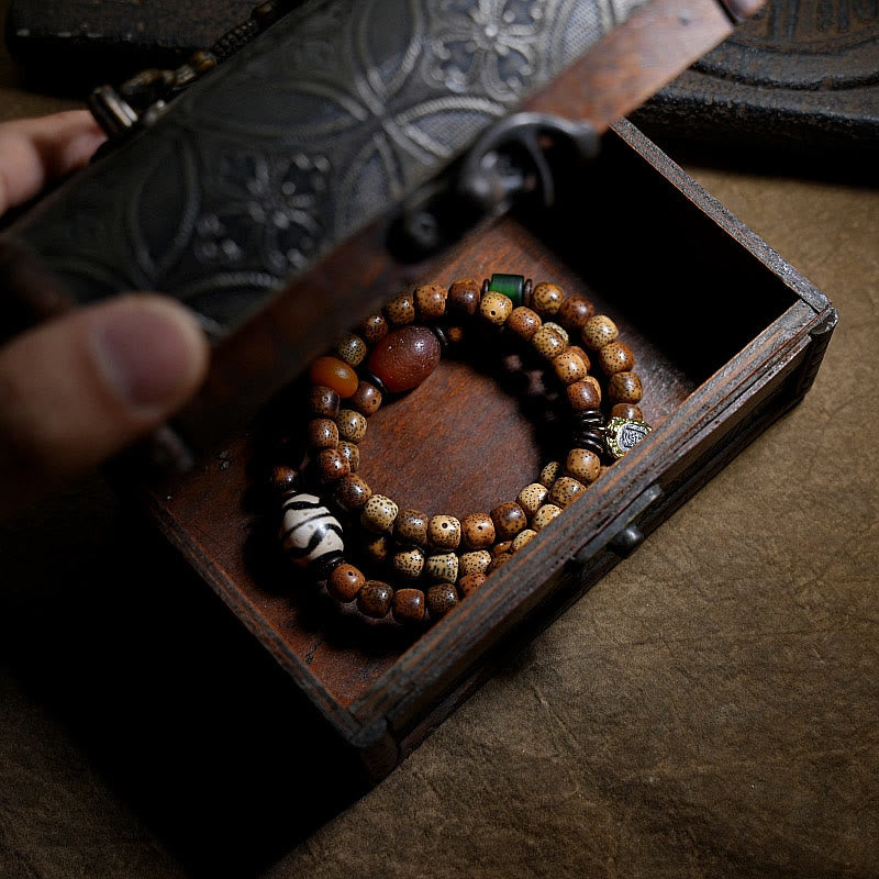 Armband Achat Bodhi Wohlstand Holzperlen Naturstein Elastisch