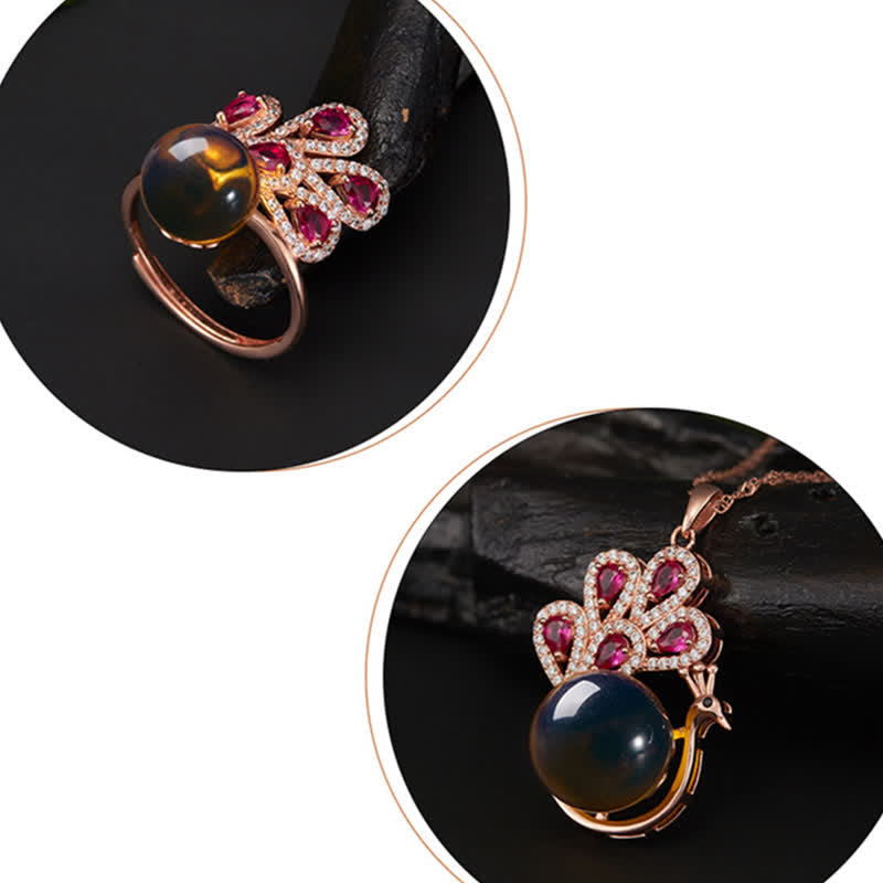 Pfau Kette Ring Set, Bernstein Liebe, Edel Schmuck, Luxus Design