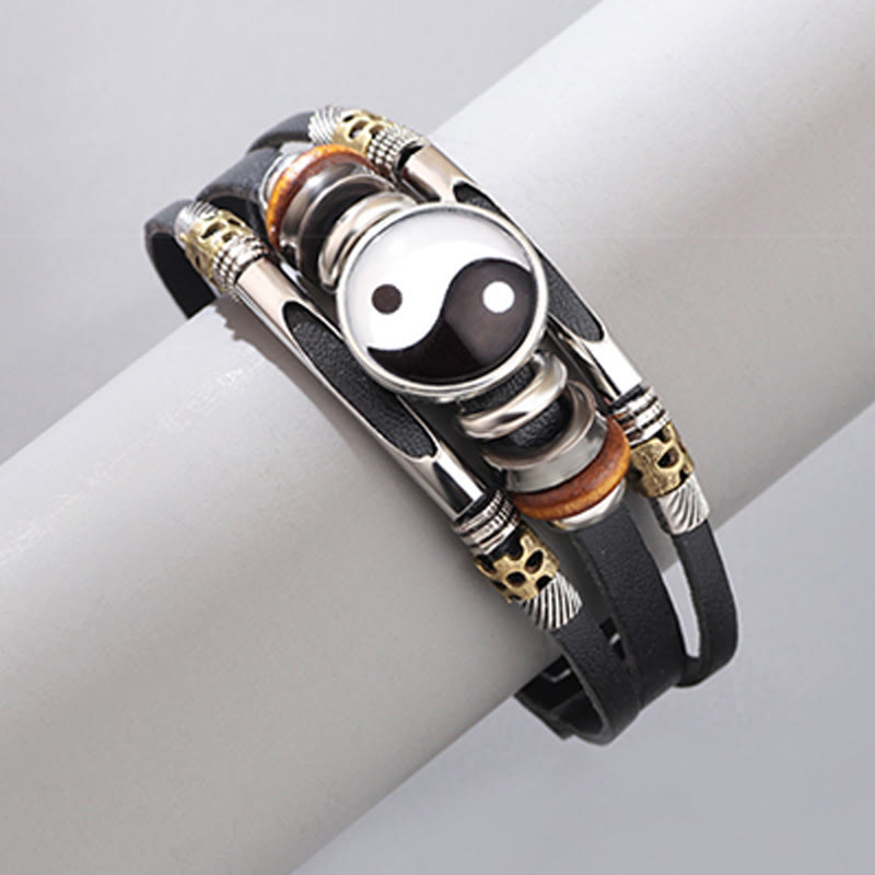 Armband Yin Yang Balance Energie schwarzes Leder Naturstein Handgelenk