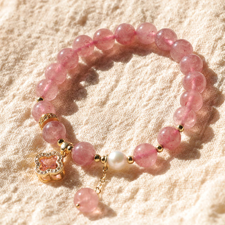 Armband Erdbeerquarz Perle Kleeblatt rosé Naturstein elegant Glücksbringer Liebe