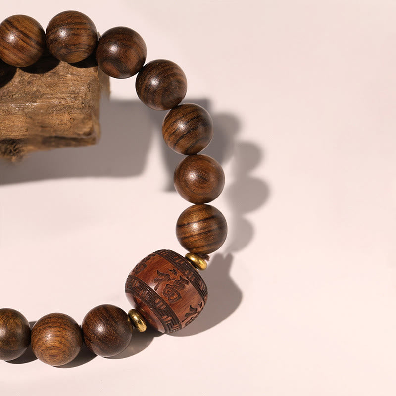 Armband Rosenholz Fu-Zeichen mit braunen Holzperlen elegante Handarbeit