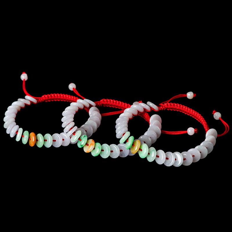 Jade Armband mit weißen Perlen und roten Schnüren Glück Energie.