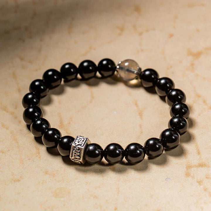 Schwarzes Obsidian Armband 925 Silber mit chinesischem Tierkreis Symbol Stärke