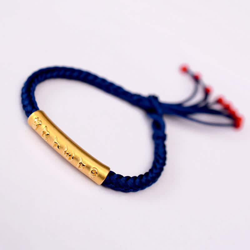 Dunkelblau Armband 925 Silber Om Mani Padme Hum mit goldenem Röhrchen