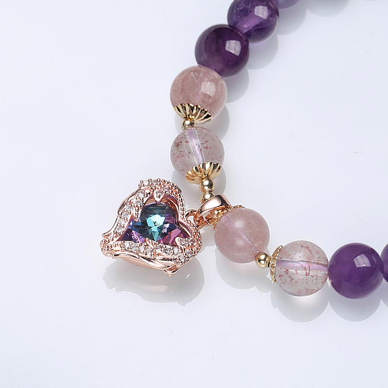 Armband Erdbeerquarz Amethyst mit Roségold Herzanhänger Glück