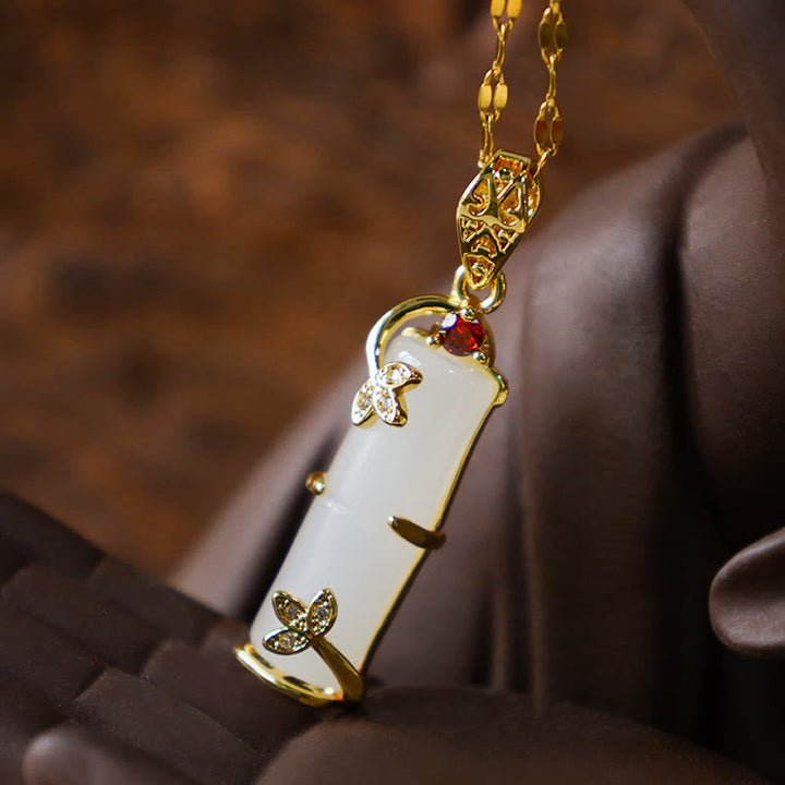 Jade Bambus Anhänger Gold Kette Schutz Glück eleganter Naturstein