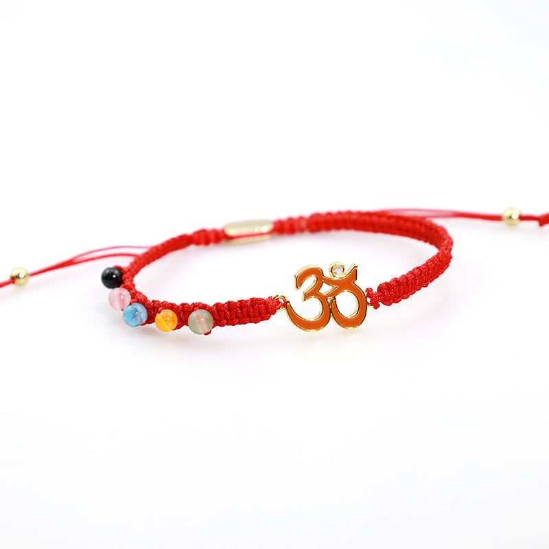 Armband Tibet OM Mindfulness rotes Schnur bunte Perlen elastisch