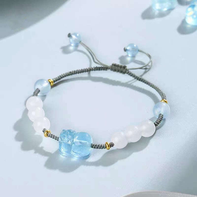 Armband Weiße Jade Aquamarin Pixiu Heilstein elastisch Naturstein Perlen