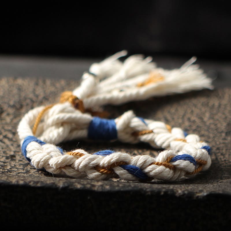 Armband – Glück & Wohlstand & Stärke weiß blau Seil geflochten Natur