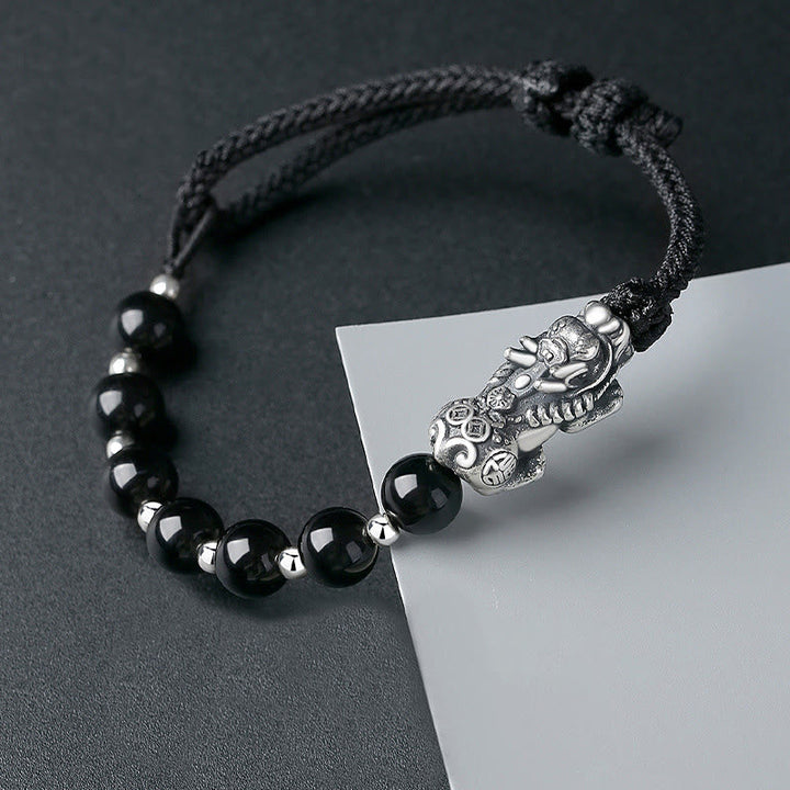 Schwarzes Obsidian Pixiu Armband 925 Silber elegant gestylt