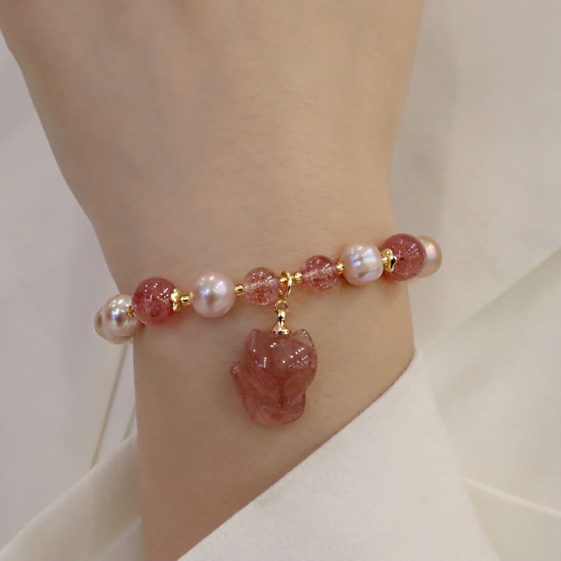 Armband Erdbeerquarz Perle Fuchs Rot Gold Perlen Charm Handgelenk.
