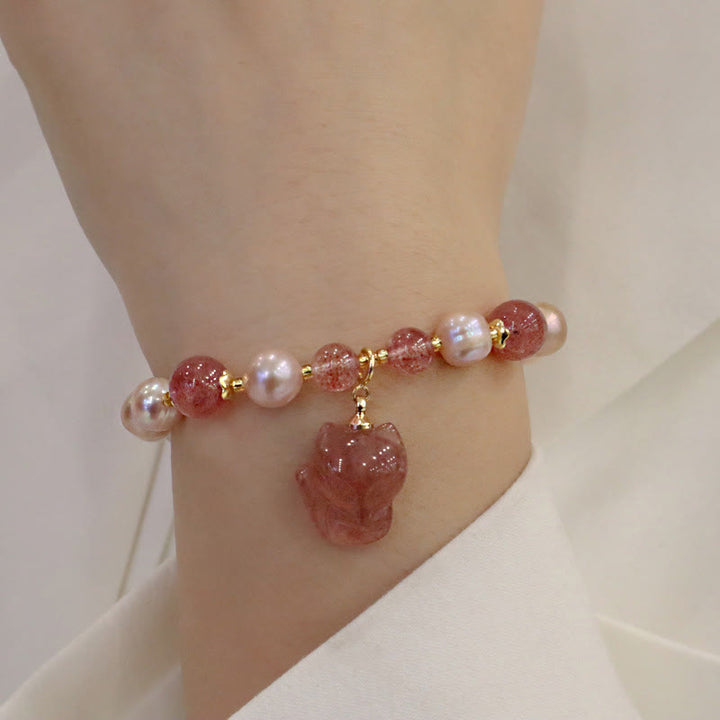 Armband Erdbeerquarz Perle Fuchs Rot Gold Perlen Charm Handgelenk.