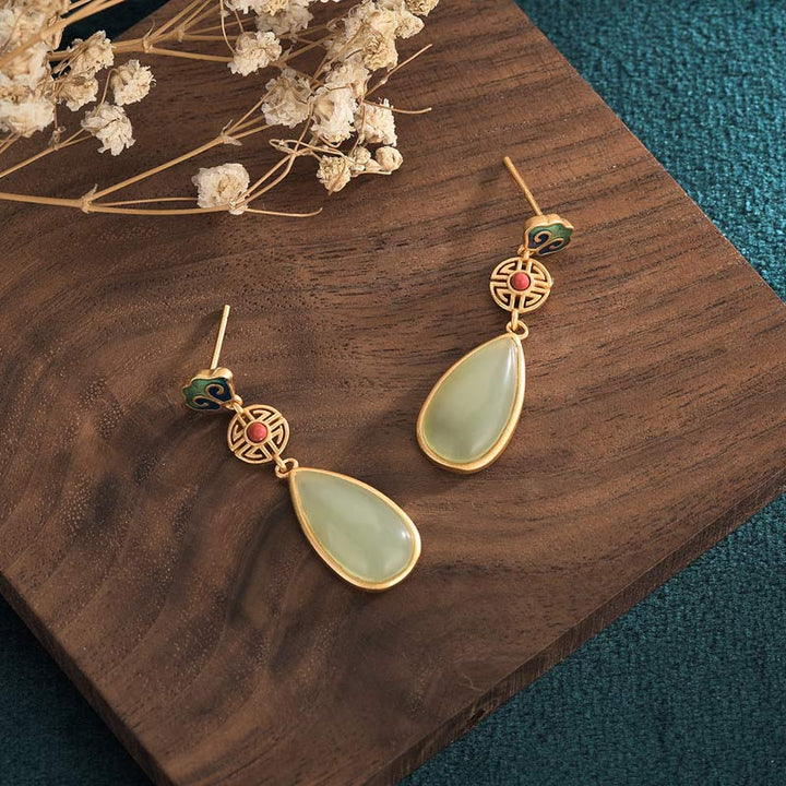 Ohrringe Jade Doppeltes Glück Gold Tropfen Boho Schmuck spirituell Ohrhänger