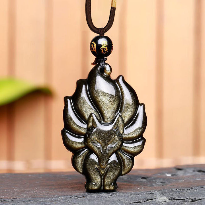 Obsidian Kette Neunschweif-Fuchs Anhänger goldfarben schwarzer Stein Halskette