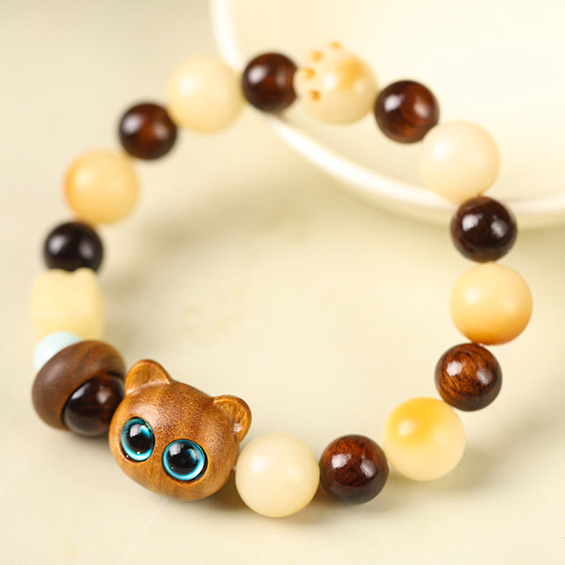 Armband Sandelholz Bodhi Katze mit braunen und cremefarbenen Perlen elastisch