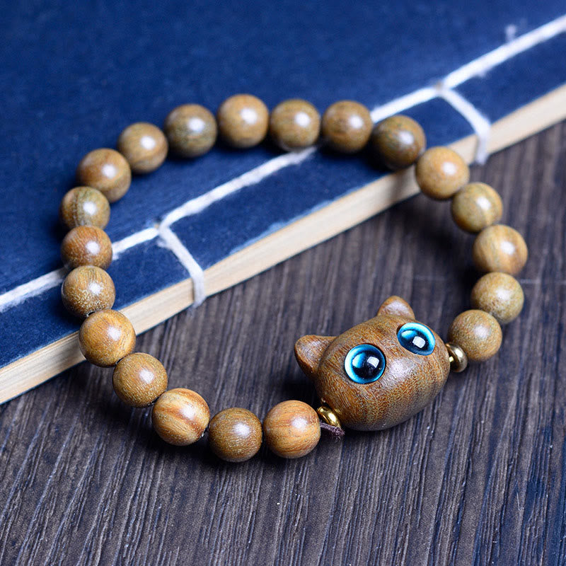 Sandelholz Armband mit Katze Charm, Liebe Balance Holzperlen braun.