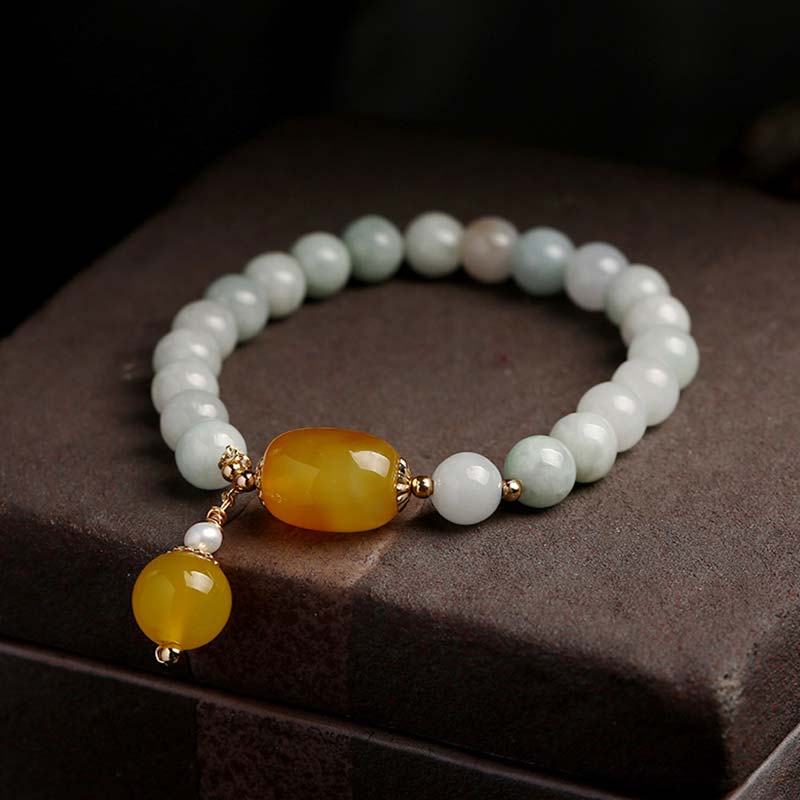 Armband Weiße Jade Achat – Schutz elastisch mit bernsteinfarbenen Anhängern
