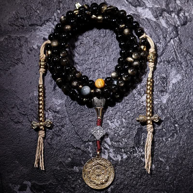 Mala Tigerauge Obsidian Armband mit goldenen Perlen und Anhängern.