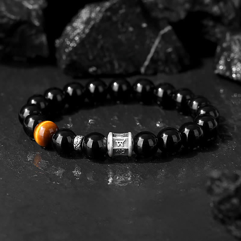 Armband 925 Silber Schwarzer Obsidian Om Mani Padme Hum Perlen elastisch