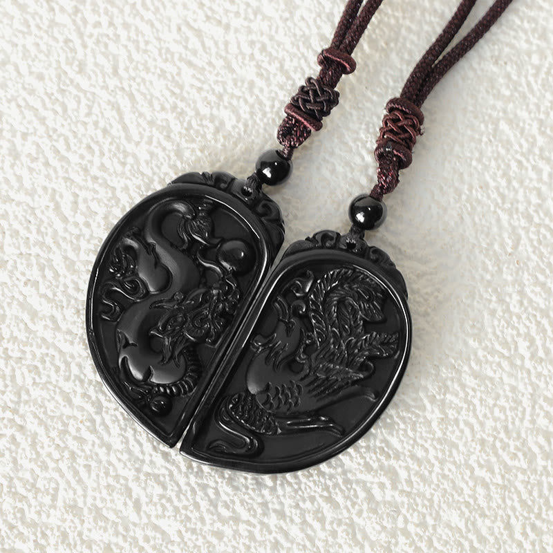 Kette schwarzer Obsidian Drachen Phönix Schutz Partneranhänger