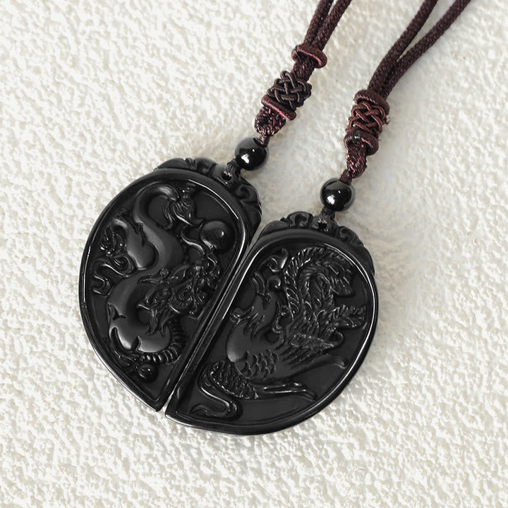 Kette schwarzer Obsidian Drachen Phönix Schutz Partneranhänger