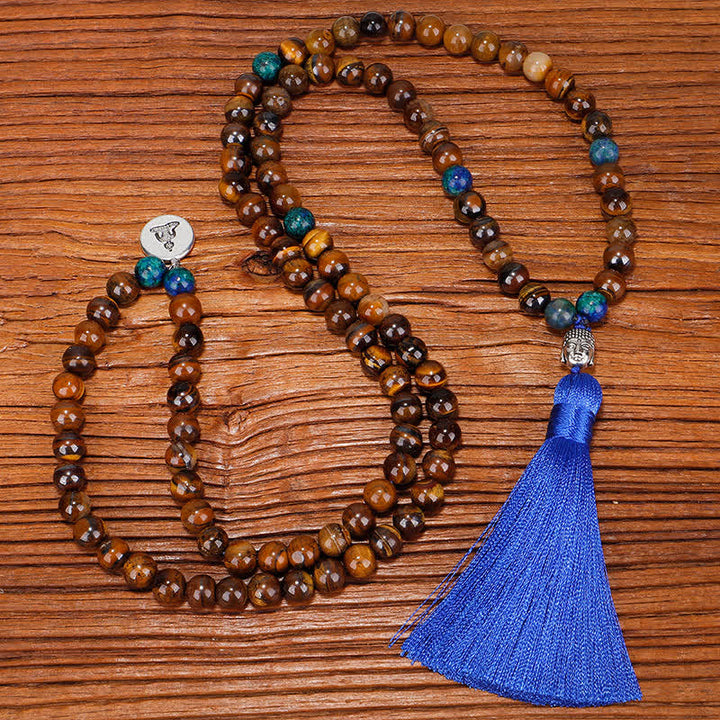 Mala 108 Perlen Tigerauge Stärke Holzperlen blauer Quaste Schmuck